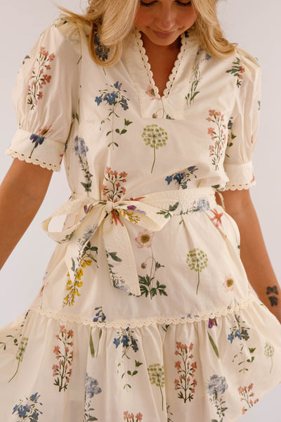 Women's Floral Cotton Dress- Ivory Floral Print Mini Dress- Entro Dresses