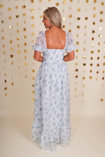 Women's Blue Floral Maxi Dress- Elegant Floral Maxi- Storia Maxi Dress