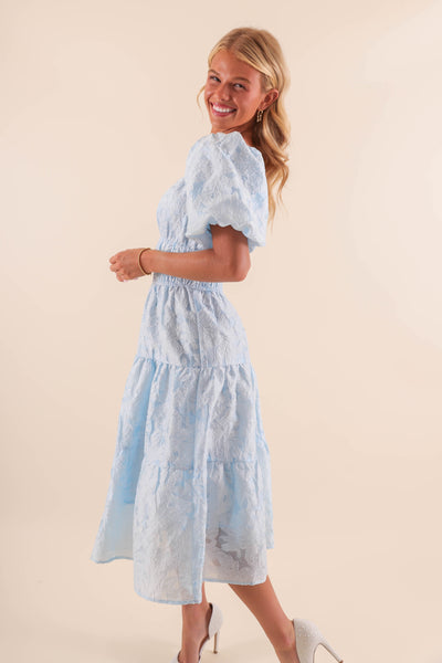 Sky Blue Midi Dress with Balloon Sleeves - Classy Blue Lace Overlay Dress