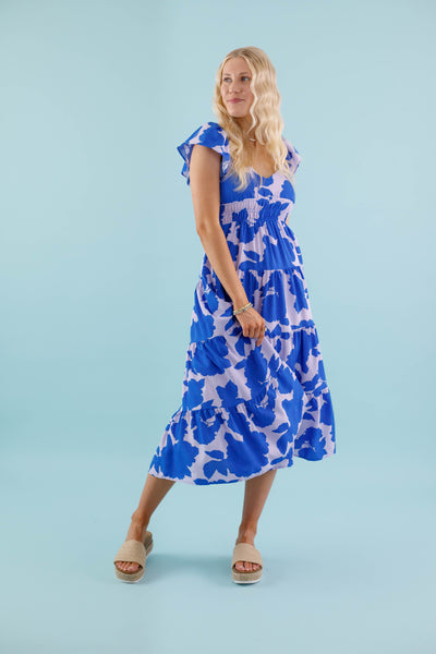 Women's Blue Water Color Dress- Women's Blue Floral Dress- TCEC Dress