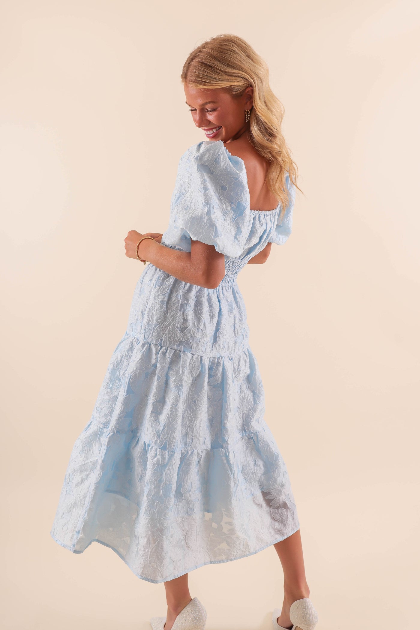 Sky Blue Midi Dress with Balloon Sleeves - Classy Blue Lace Overlay Dress