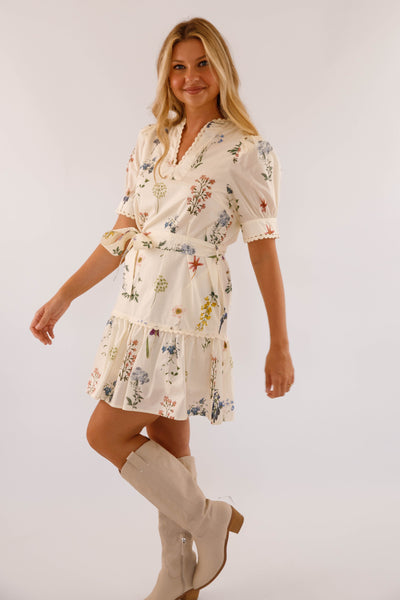 Women's Floral Cotton Dress- Ivory Floral Print Mini Dress- Entro Dresses