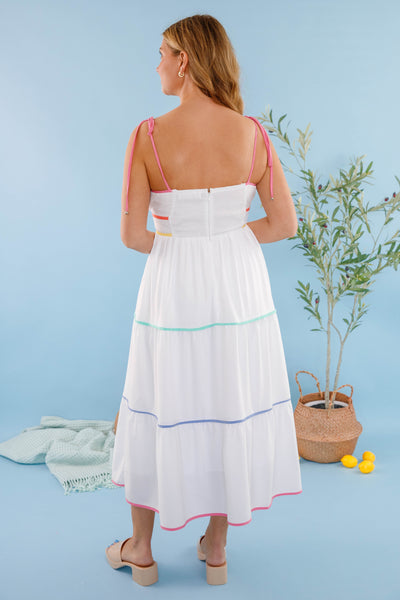 Women's Colorful Stripe Midi Dress- White Midi Dress With Rainbow Piping