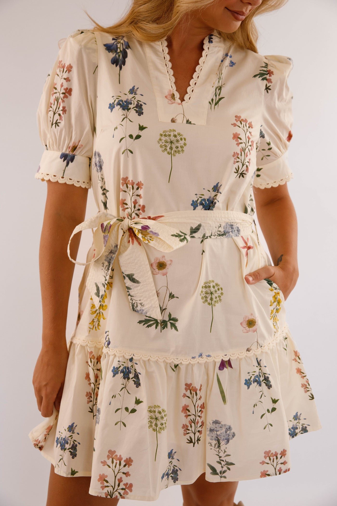 Women's Floral Cotton Dress- Ivory Floral Print Mini Dress- Entro Dresses