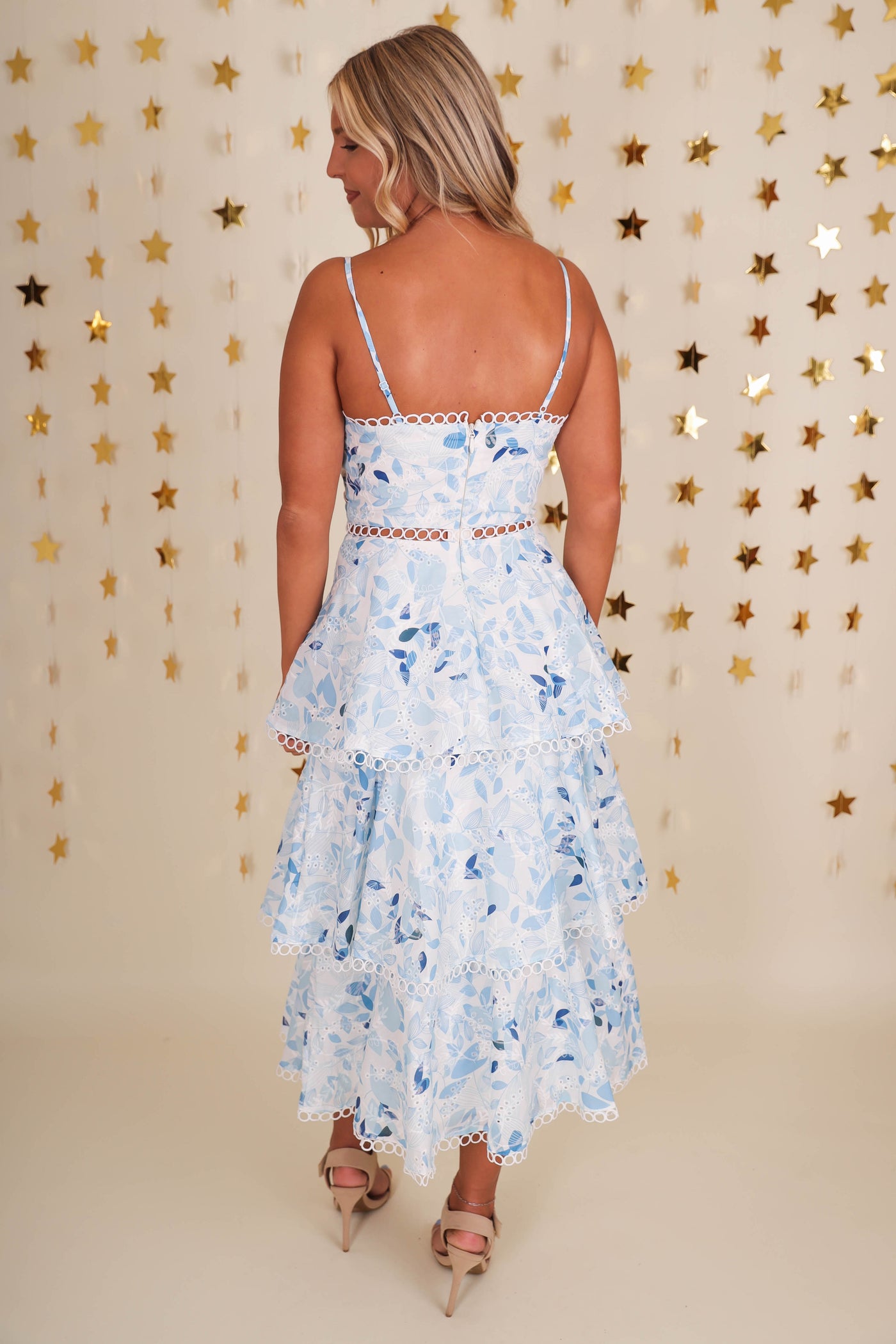 Women's Blue and White Floral Midi Dress- Floral Tiered Cocktail Dress- JustMe Midi Dresses