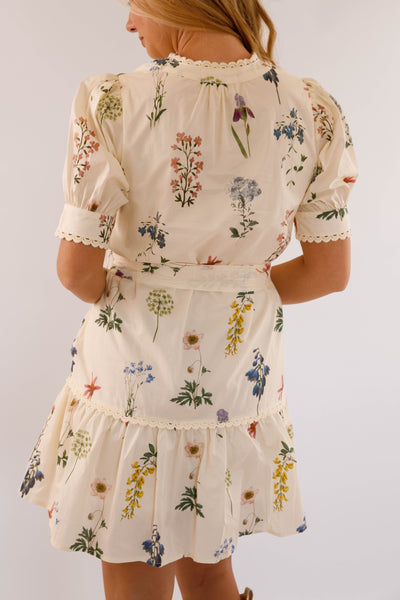 Women's Floral Cotton Dress- Ivory Floral Print Mini Dress- Entro Dresses