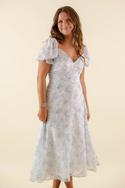 Blue Puff Sleeve Midi Dress- Pastel Flower Print Dress- Wedding Guest Dresses