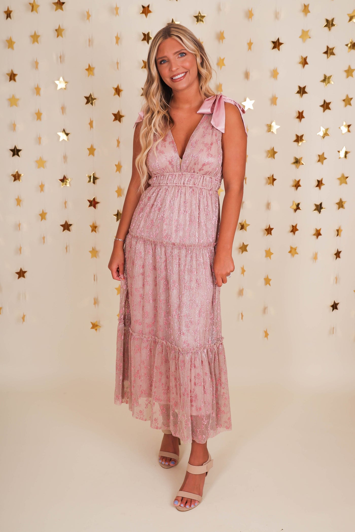 Women's Pink Foil Maxi Dress- Women's Cocktail Dress- Storia Pink Dress