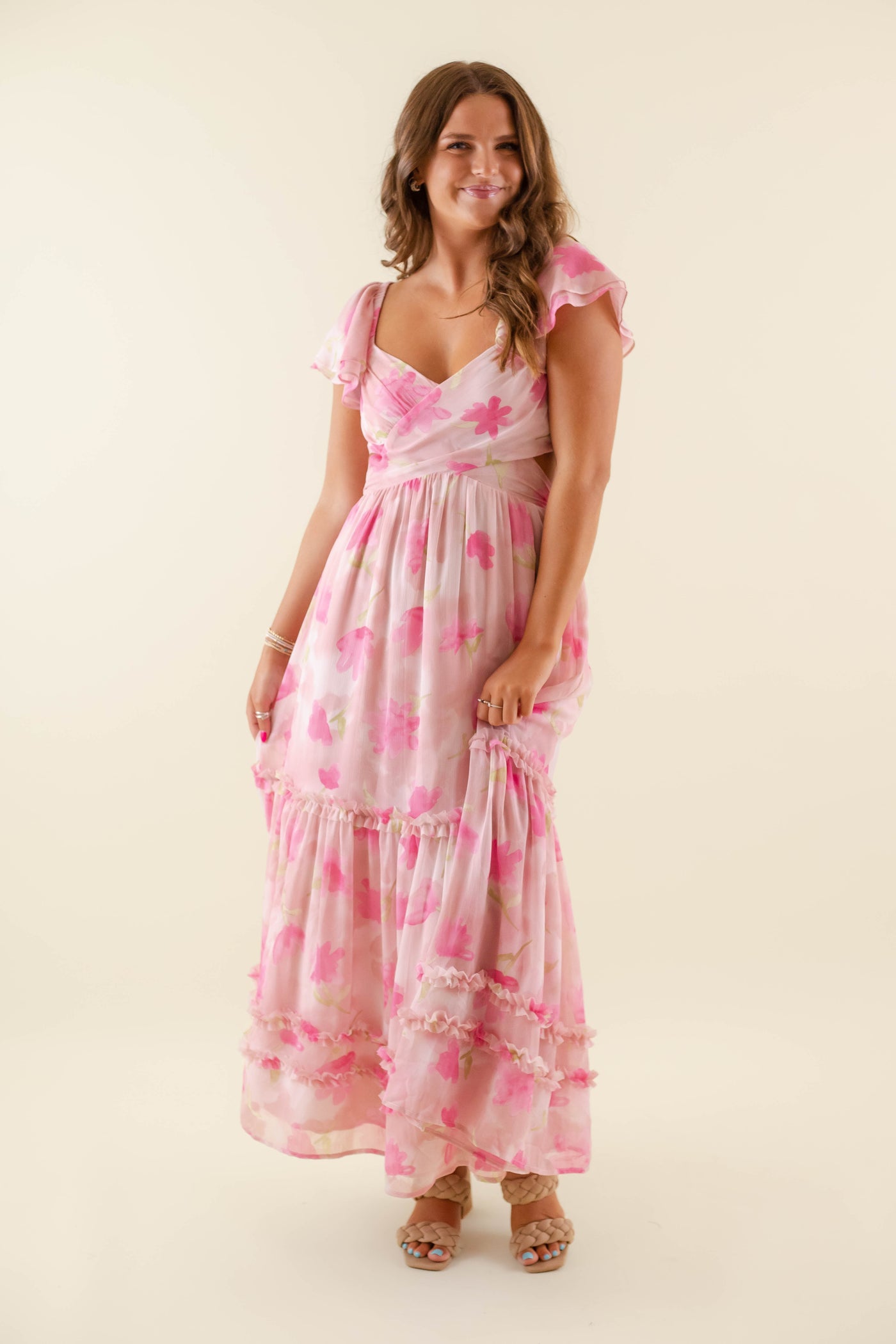 Watercolor Floral Pattern Maxi- Ruffle Pink Maxi Dress- BluPepper Pink Dress