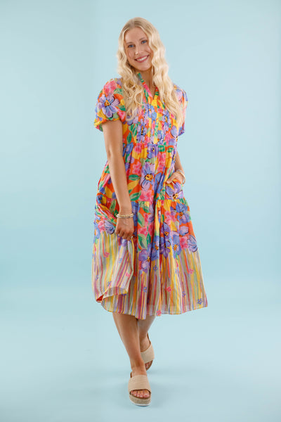 Colorful Floral Midi Dress- Women's Preppy Dress- Midi Dress by Fate