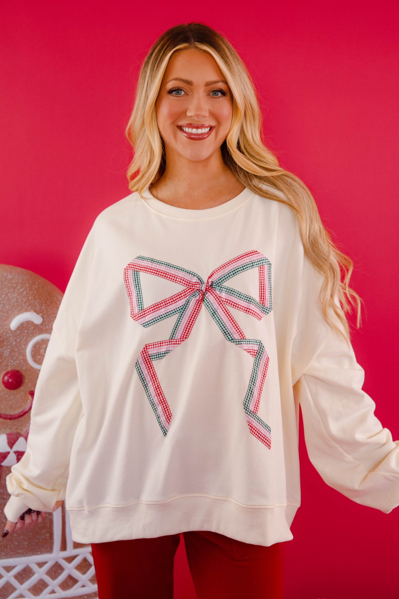 Oversized Sweatshirt With Ribbon Bow- Preppy Gingham Bow Sweatshirt- Peach Love Sweatshirt