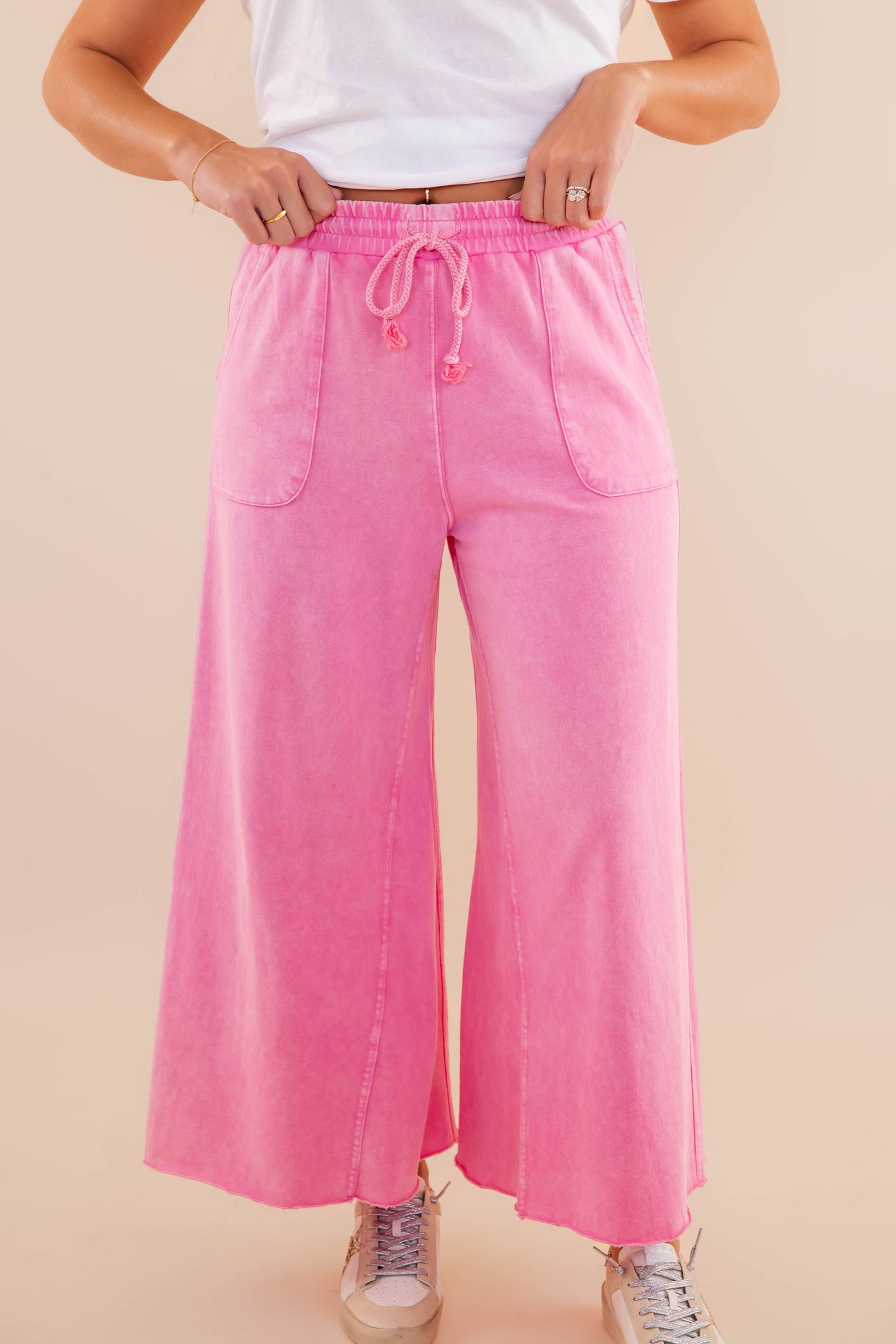 Pink Mineral Wash Travel Pants- Comfy Pink Cropped Pants- Easel Cropped Pants