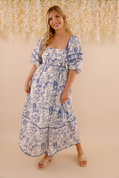 Woodland Toile Print Dress- Puff Sleeve Cotton Dress- Women's Navy Blue Dress