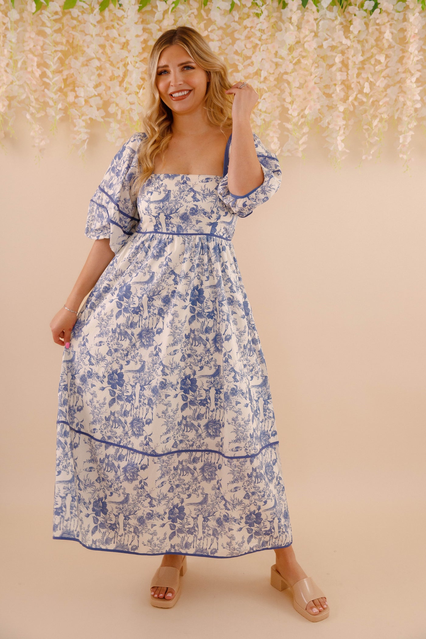 Woodland Toile Print Dress- Puff Sleeve Cotton Dress- Women's Navy Blue Dress