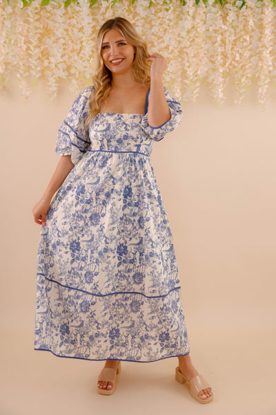 Woodland Toile Print Dress- Puff Sleeve Cotton Dress- Women's Navy Blue Dress
