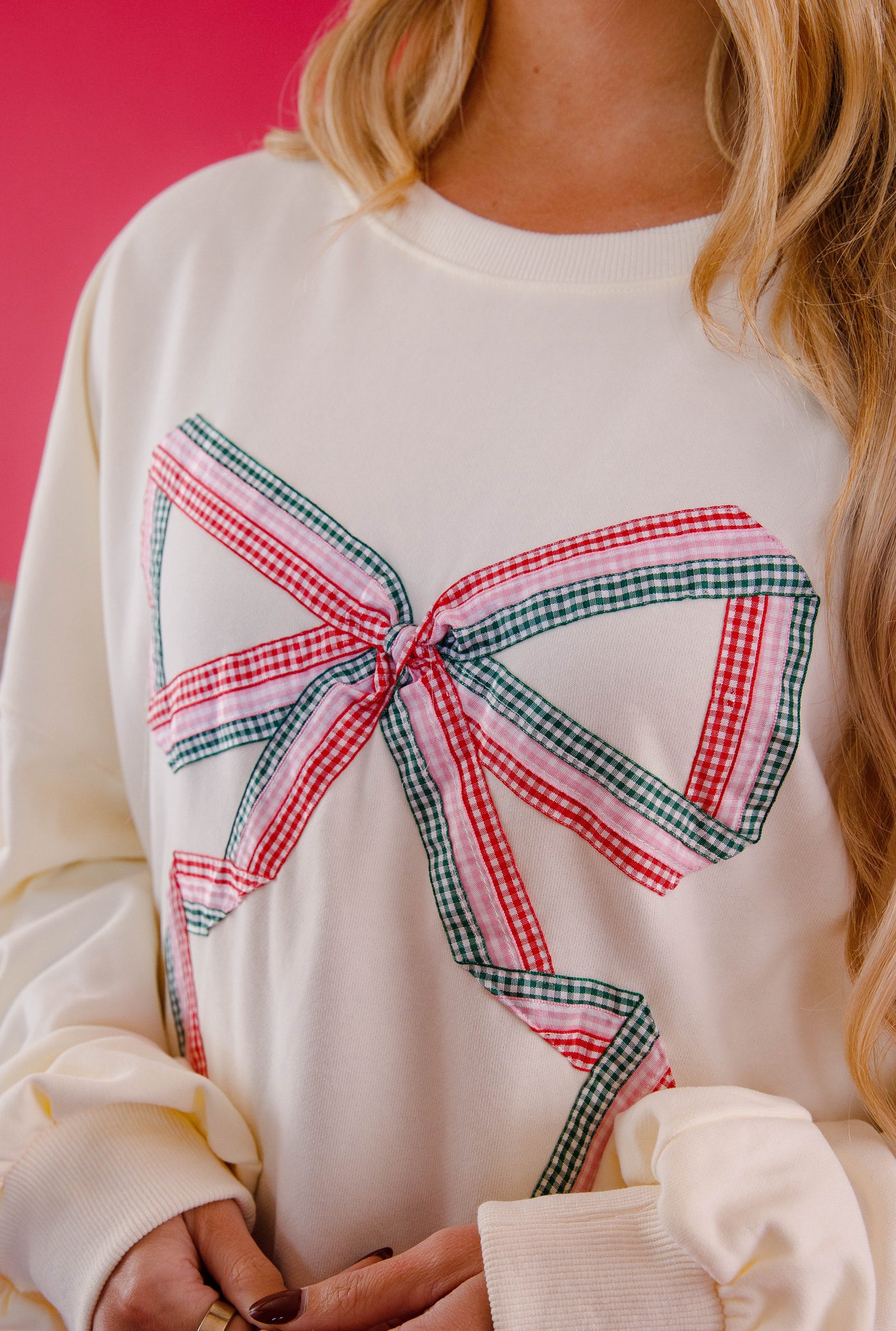 Oversized Sweatshirt With Ribbon Bow- Preppy Gingham Bow Sweatshirt- Peach Love Sweatshirt