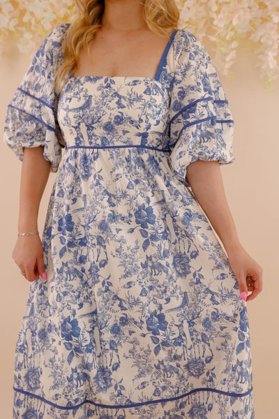 Woodland Toile Print Dress- Puff Sleeve Cotton Dress- Women's Navy Blue Dress
