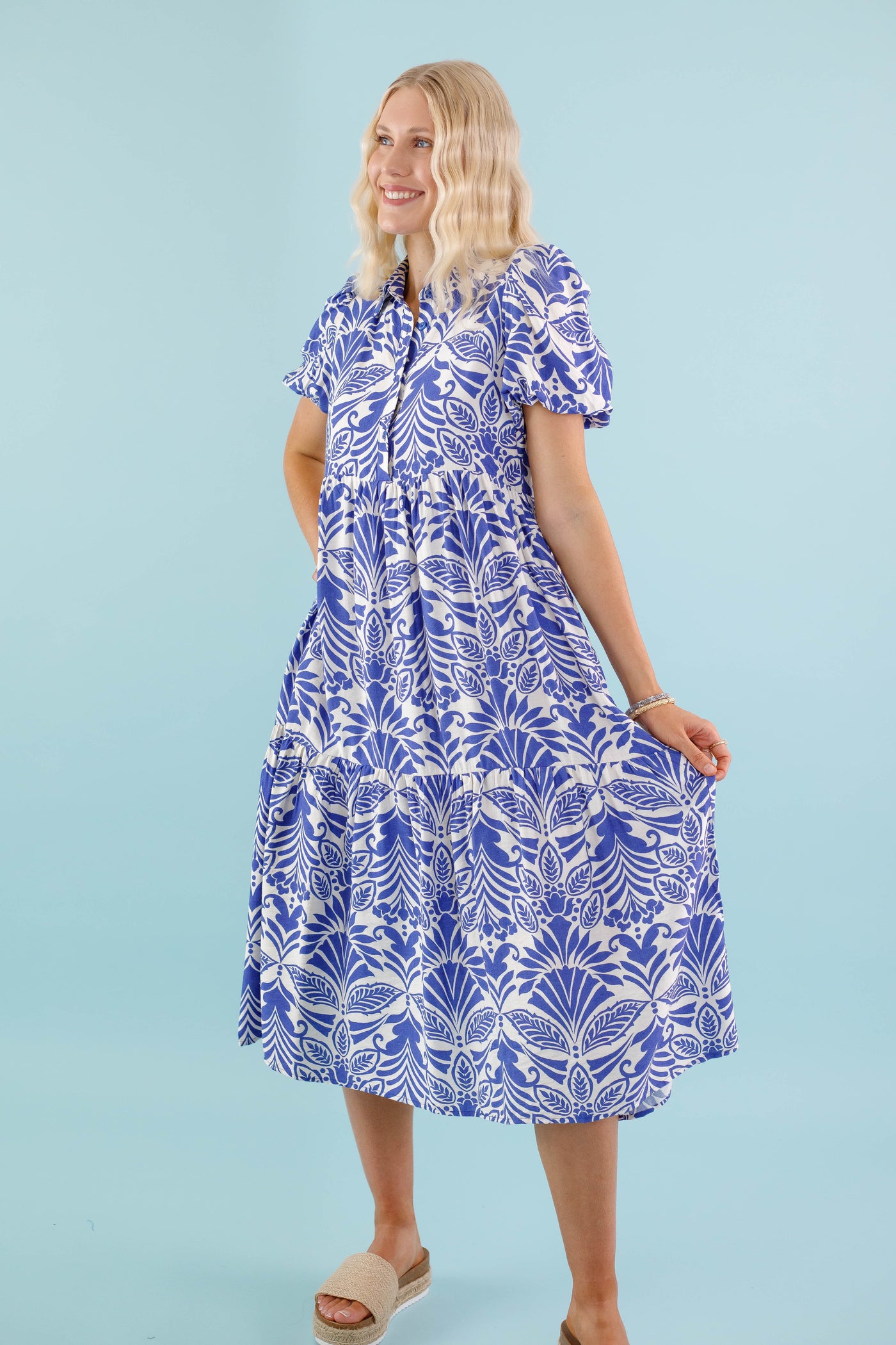 Women's Collared Midi Dress- Blue and White Print Midi