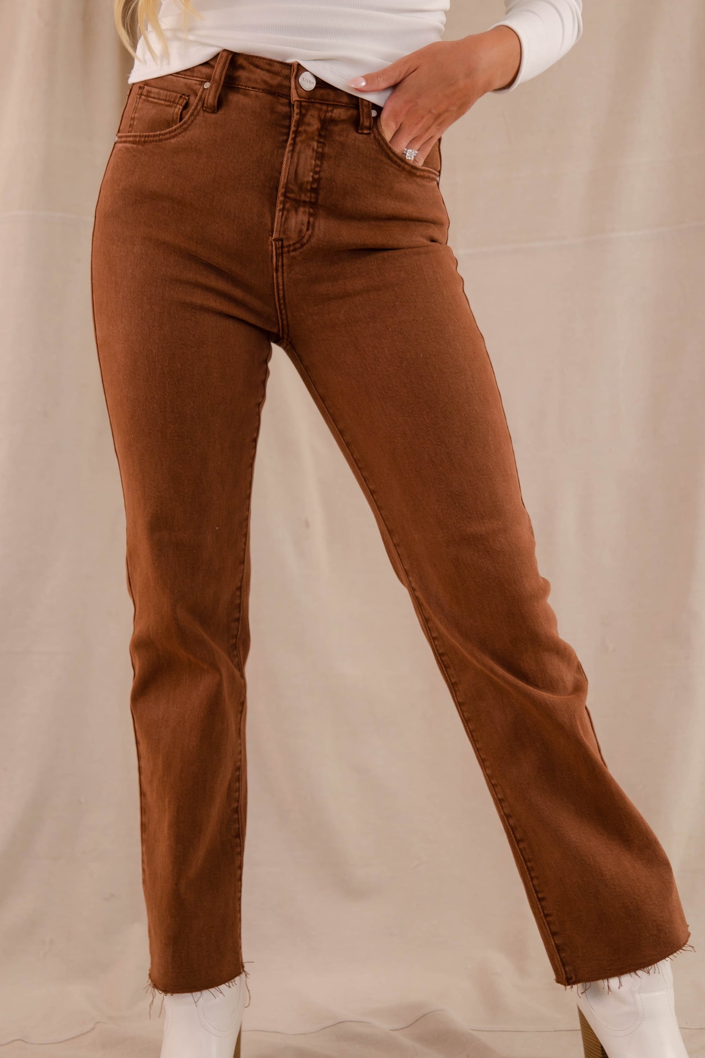 Women's Espresso Jeans- Straight Leg Brown Pants- Women's Risen Jeans