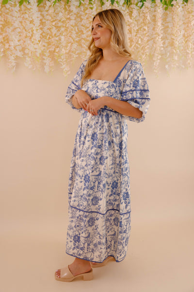 Woodland Toile Print Dress- Puff Sleeve Cotton Dress- Women's Navy Blue Dress