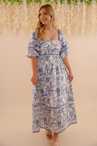 Woodland Toile Print Dress- Puff Sleeve Cotton Dress- Women's Navy Blue Dress
