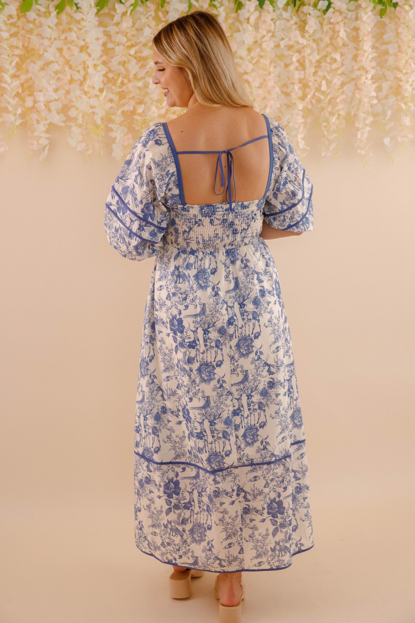 Woodland Toile Print Dress- Puff Sleeve Cotton Dress- Women's Navy Blue Dress