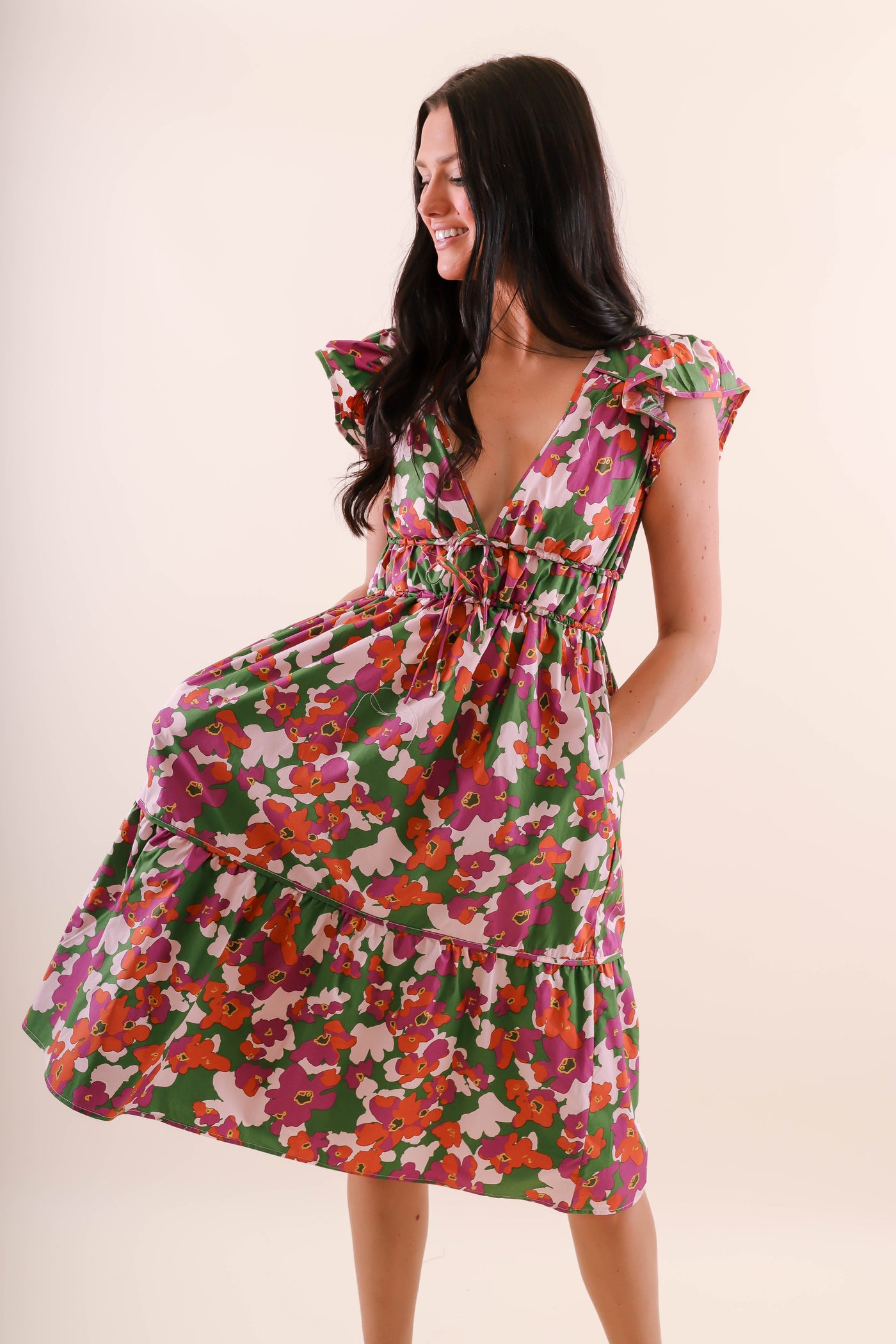 Cute Floral Print Midi Dress- Women's Cotton Dresses- Aureum Midi Dress