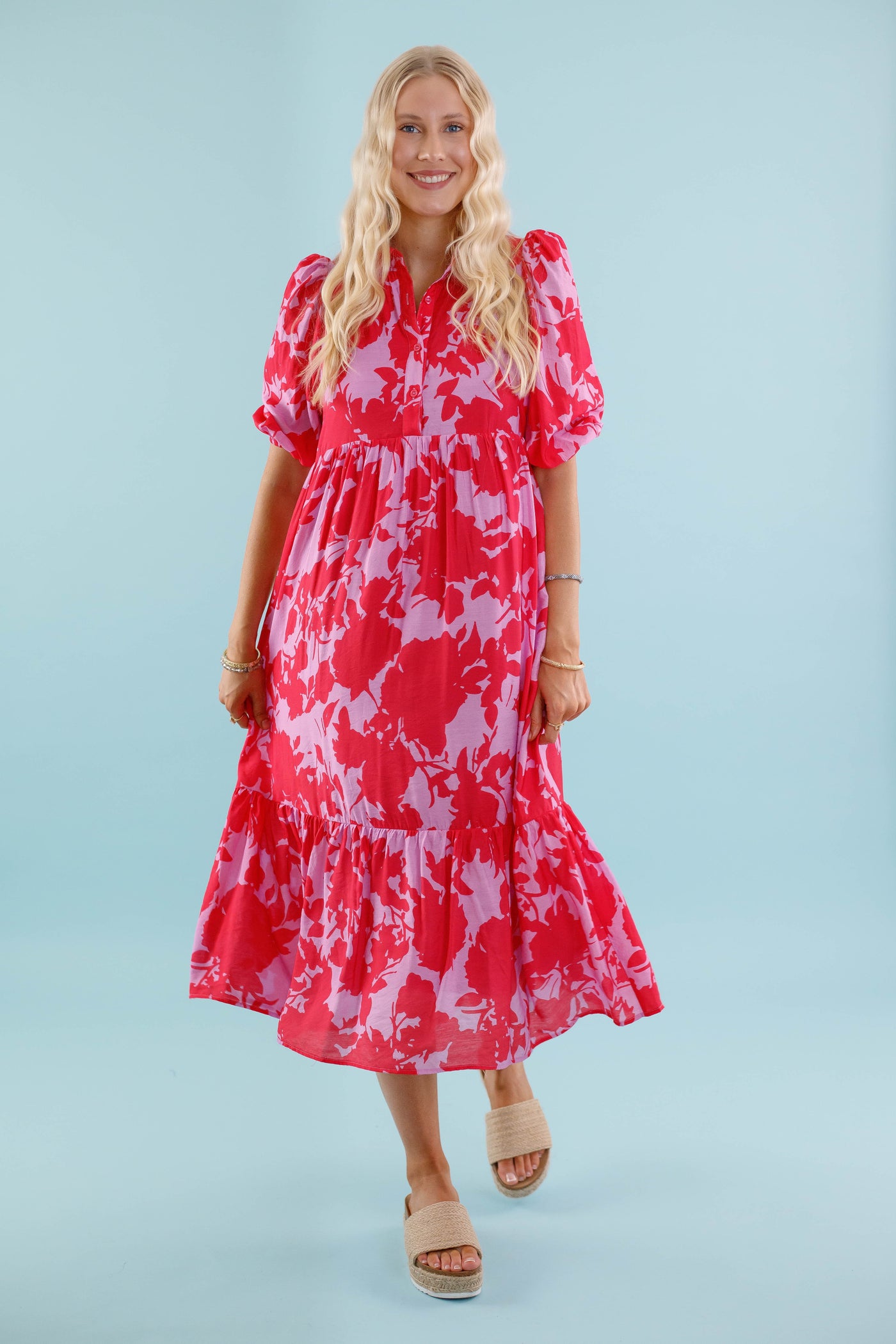 Red and Pink Floral Midi Dress- Women's Collared Midi Dress