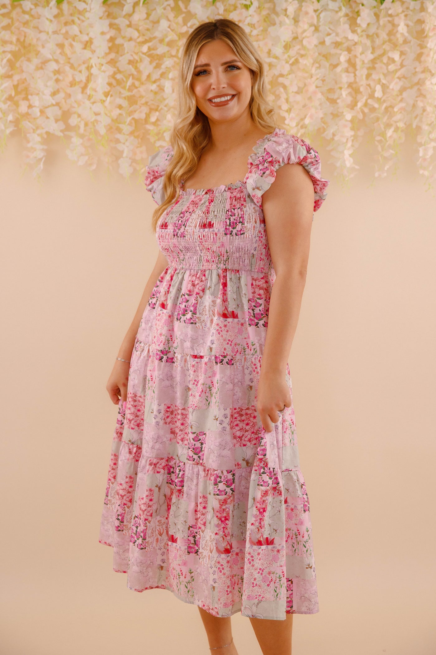 Floral Patchwork Midi Dress- Pink Feminine Floral Midi Dress- Patchwork Midi Dress by Aureum