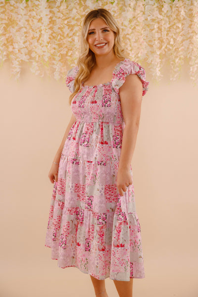 Floral Patchwork Midi Dress- Pink Feminine Floral Midi Dress- Patchwork Midi Dress by Aureum