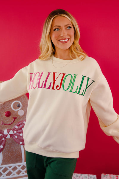 Holly Jolly Embroidered Sweatshirt- Fleece Lined Christmas Pullover- Peach Love Holly Jolly Pullover