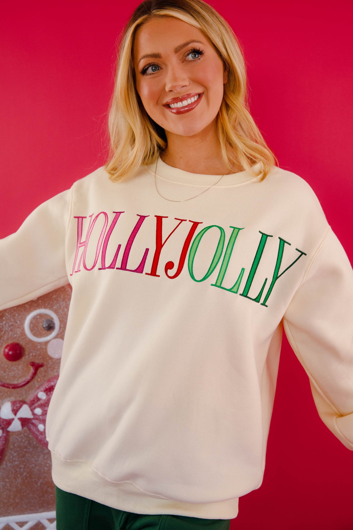 Holly Jolly Embroidered Sweatshirt- Fleece Lined Christmas Pullover- Peach Love Holly Jolly Pullover