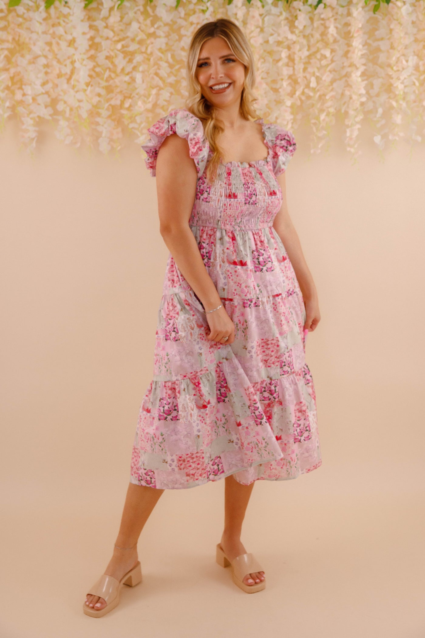 Floral Patchwork Midi Dress- Pink Feminine Floral Midi Dress- Patchwork Midi Dress by Aureum