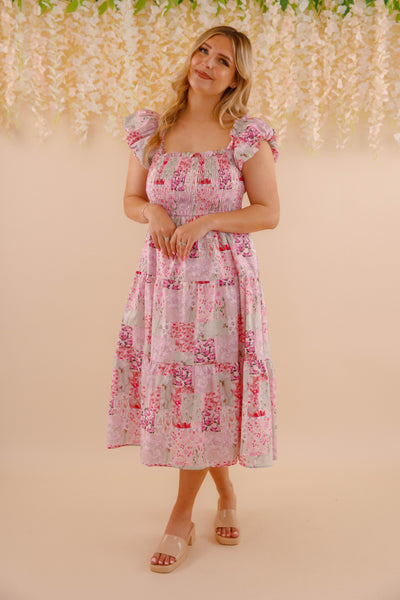 Floral Patchwork Midi Dress- Pink Feminine Floral Midi Dress- Patchwork Midi Dress by Aureum