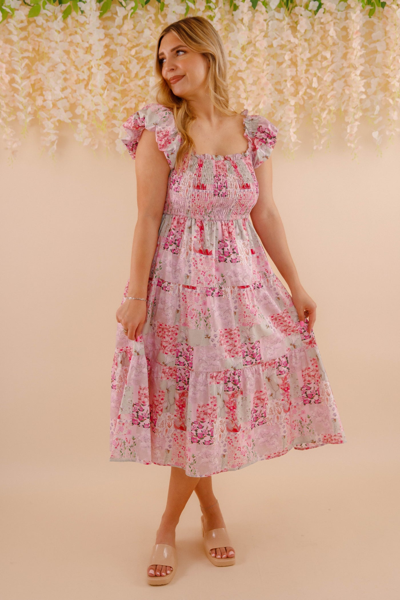 Floral Patchwork Midi Dress- Pink Feminine Floral Midi Dress- Patchwork Midi Dress by Aureum