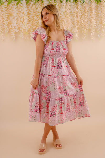 Floral Patchwork Midi Dress- Pink Feminine Floral Midi Dress- Patchwork Midi Dress by Aureum
