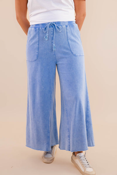 Denim Blue Mineral Wash Travel Pants- Comfy Blue Cropped Pants- Easel Cropped Pants