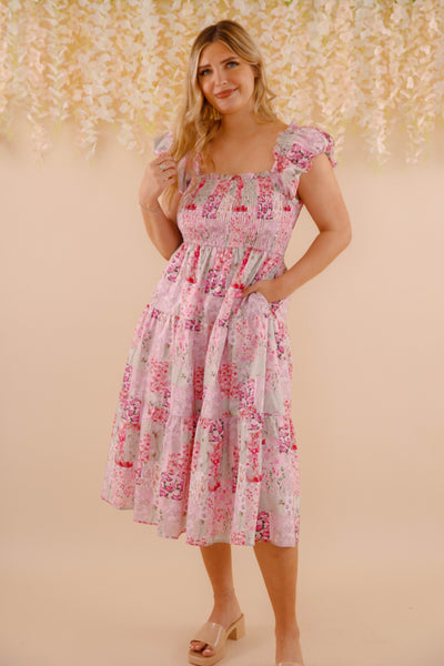 Floral Patchwork Midi Dress- Pink Feminine Floral Midi Dress- Patchwork Midi Dress by Aureum