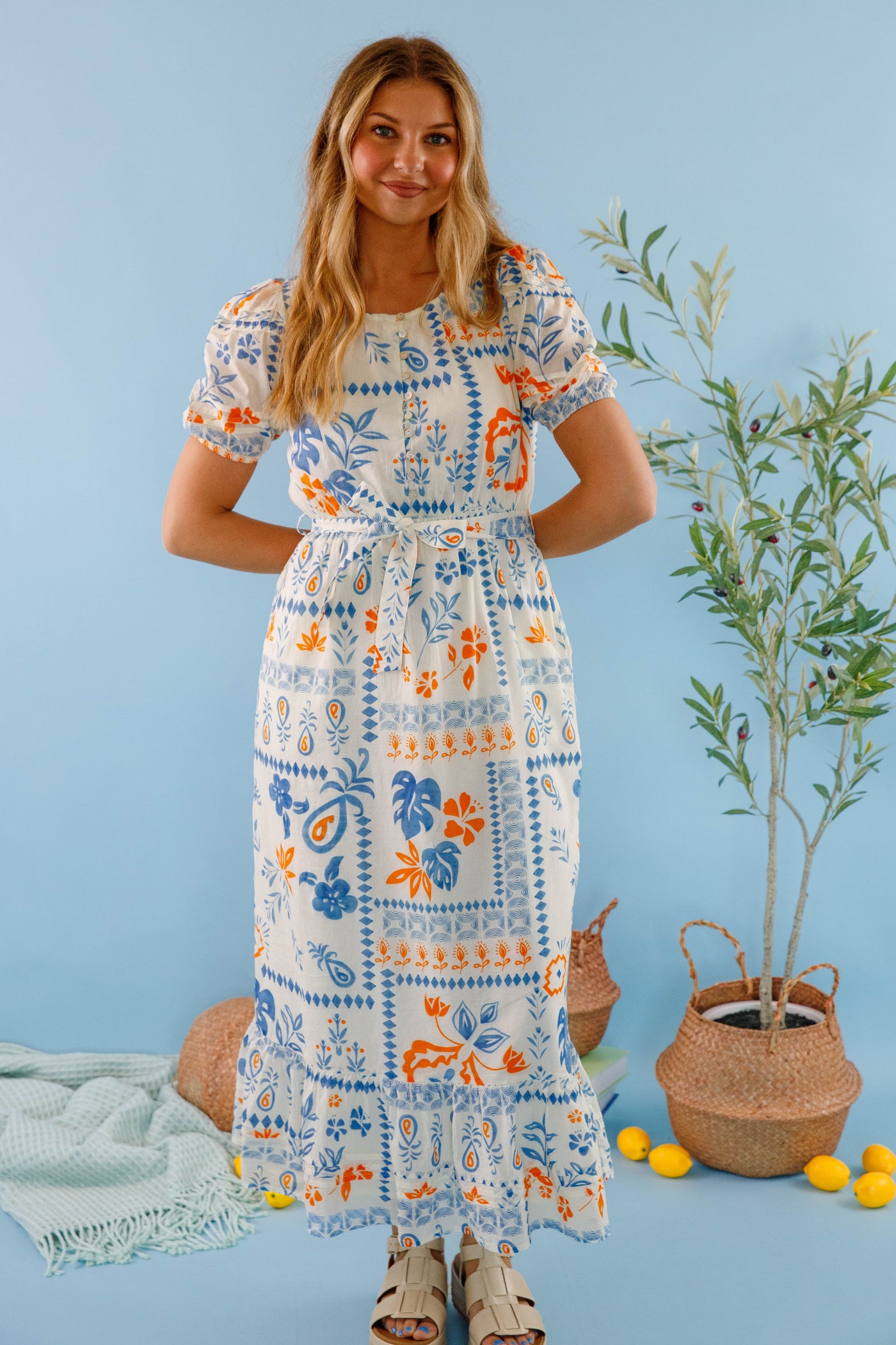  Bila77 Midi Dress- Women's Blue and White Printed Dress- Cotton Dresses for Women