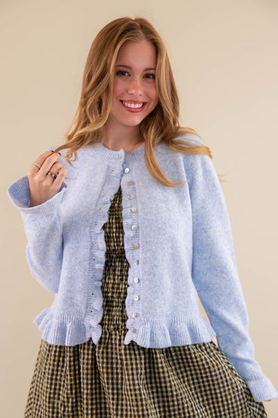 Textured Frill Detail Cardigan- Women's Blue Ruffle Cardigan- Women's Tailored Fit Cardigan