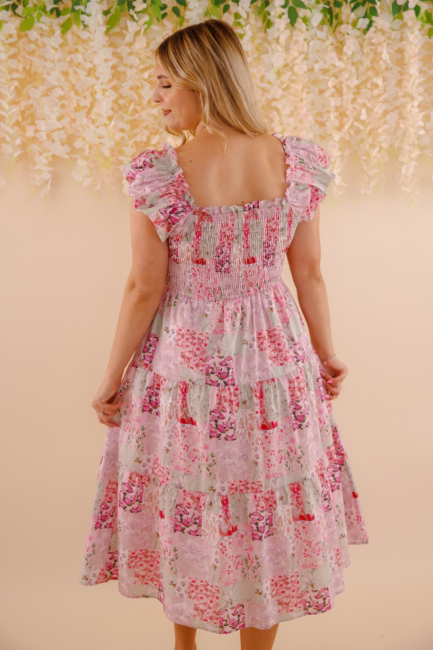 Floral Patchwork Midi Dress- Pink Feminine Floral Midi Dress- Patchwork Midi Dress by Aureum