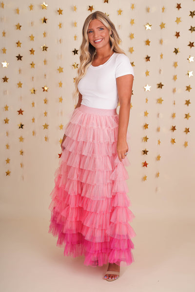 Pink Ombre Tulle Maxi Skirt- Women's Dramatic Tulle Skirt- Pink Tulle Skirt