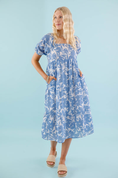 Blue Floral Print Midi Dress- Women's Vacation Dresses