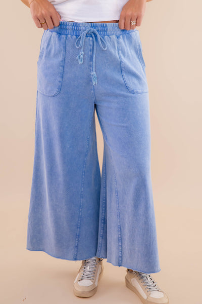 Denim Blue Mineral Wash Travel Pants- Comfy Blue Cropped Pants- Easel Cropped Pants