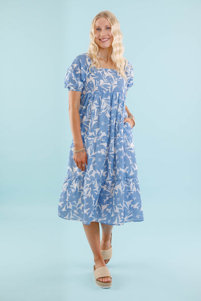 Blue Floral Print Midi Dress- Women's Vacation Dresses