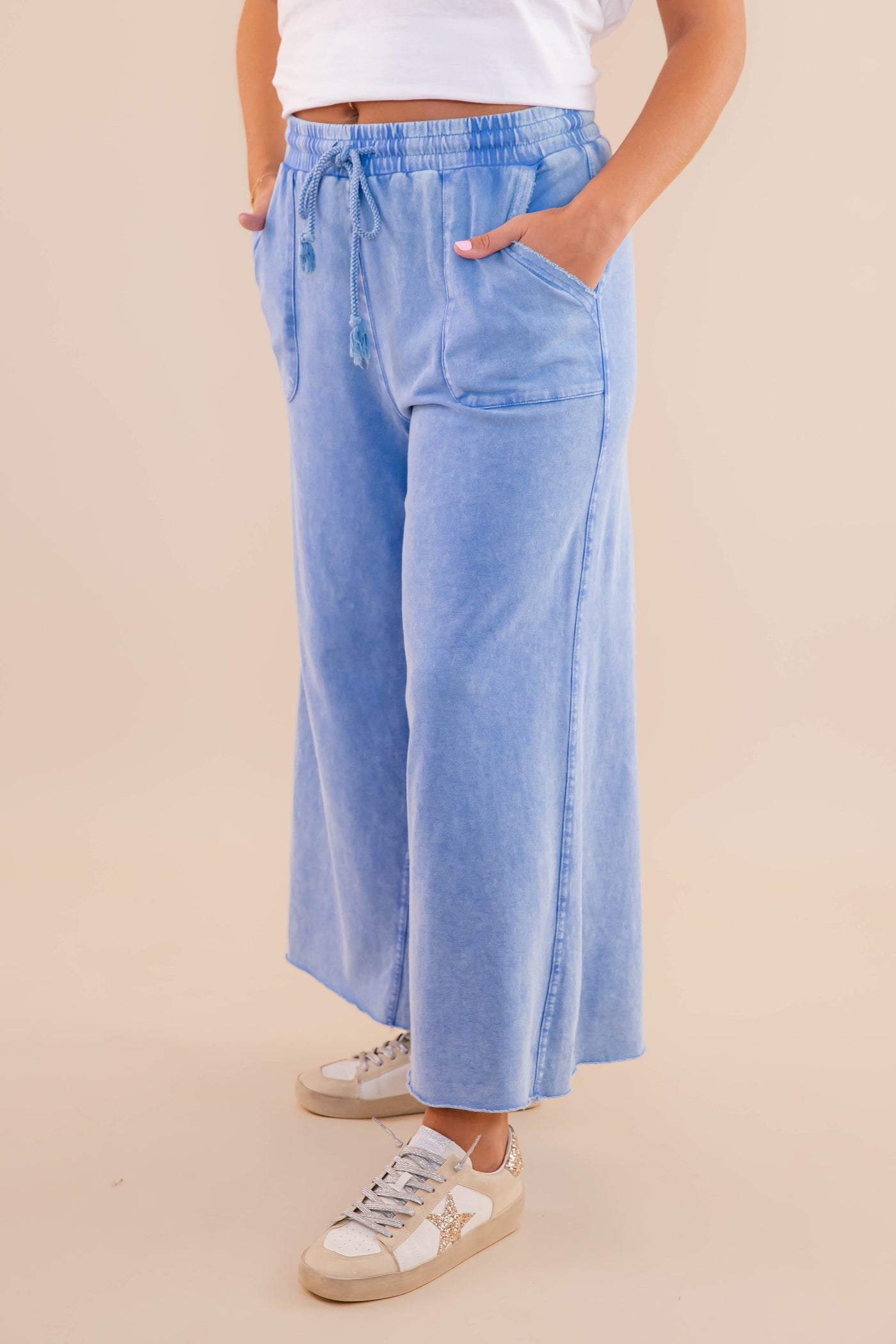 Denim Blue Mineral Wash Travel Pants- Comfy Blue Cropped Pants- Easel Cropped Pants