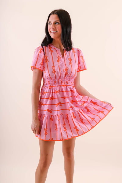 Women's Preppy Bow Dress- Pink Dress with Orange Bows- Umgee Pink and Orange Bow Dress