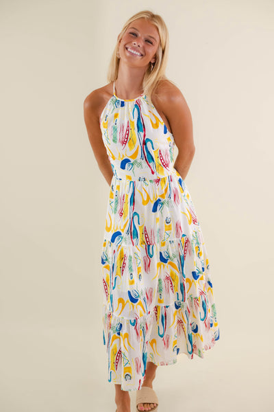 Colorful Abstract Print Midi Dress- Women's Vacation Dresses