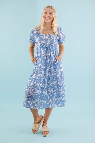 Blue Floral Print Midi Dress- Women's Vacation Dresses