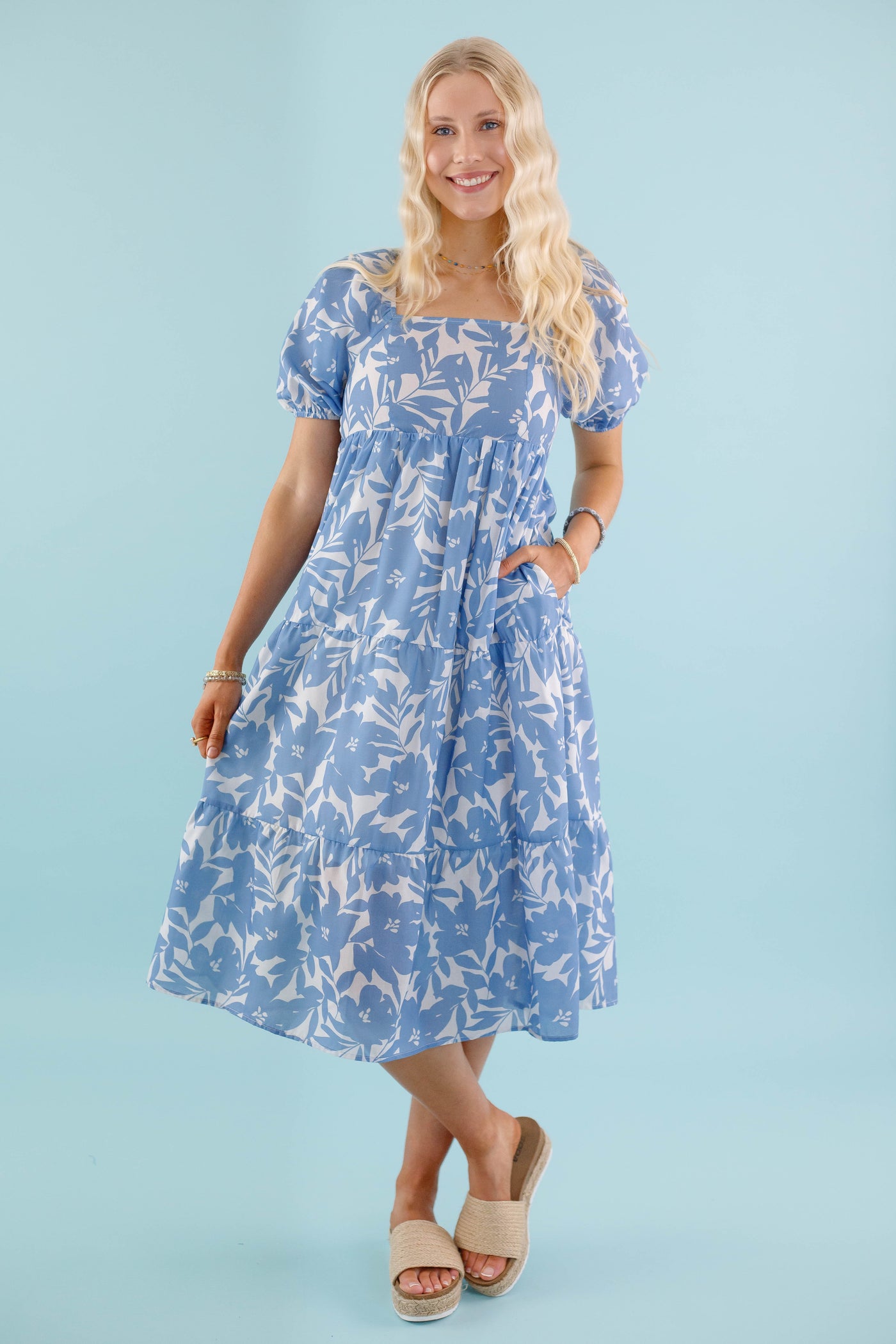 Blue Floral Print Midi Dress- Women's Vacation Dresses